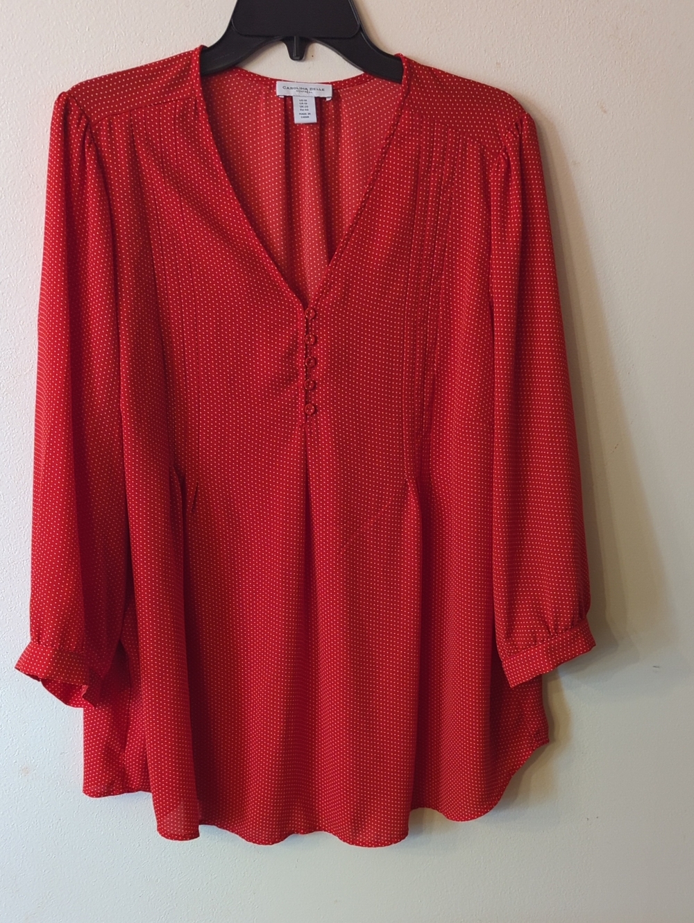 Carolina Belle Red V-Neck Button-Trim Long Sleeve Blouse US 1X